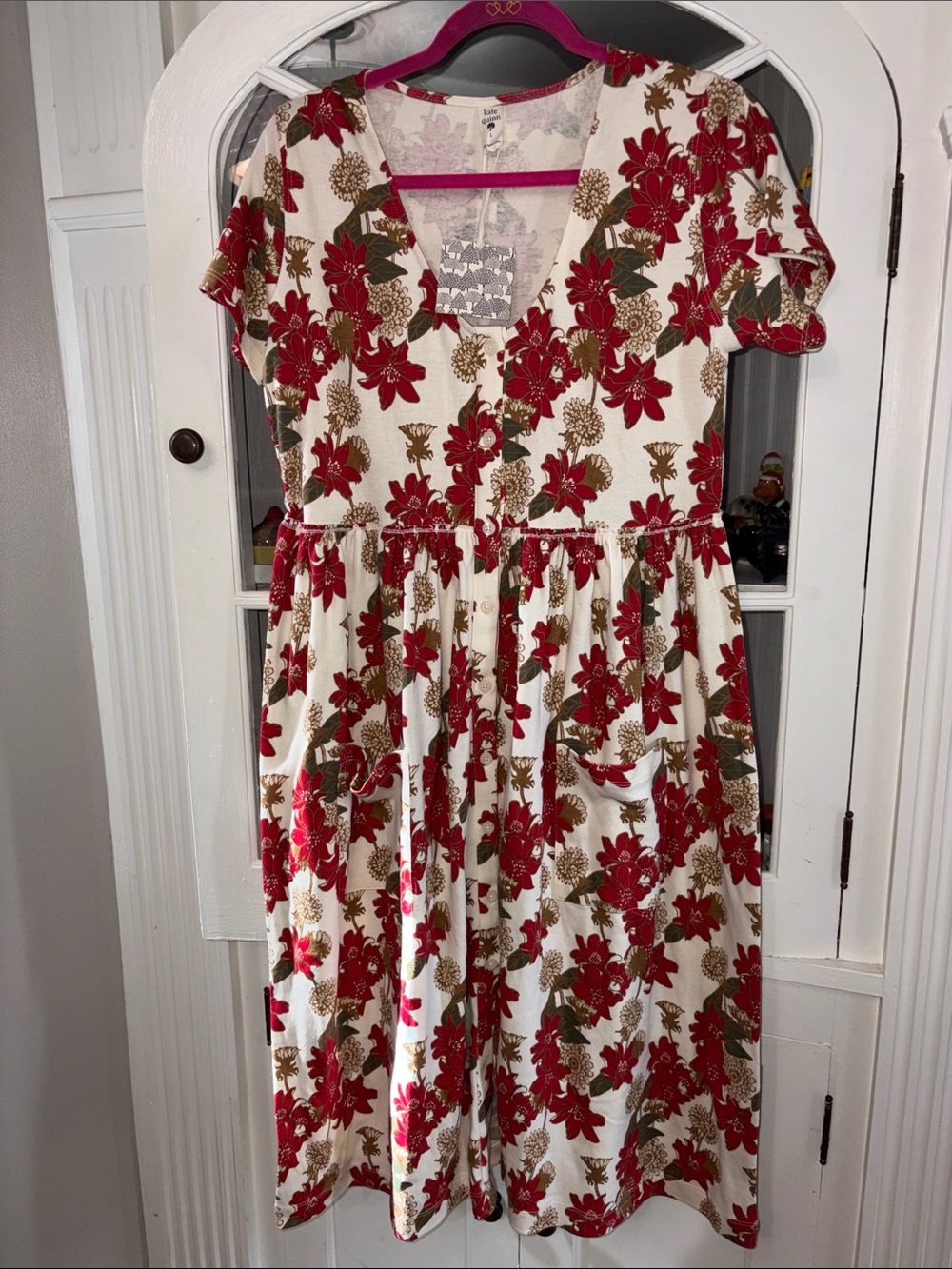 kate quinn Red and Olive Floral Button-Front Dress
